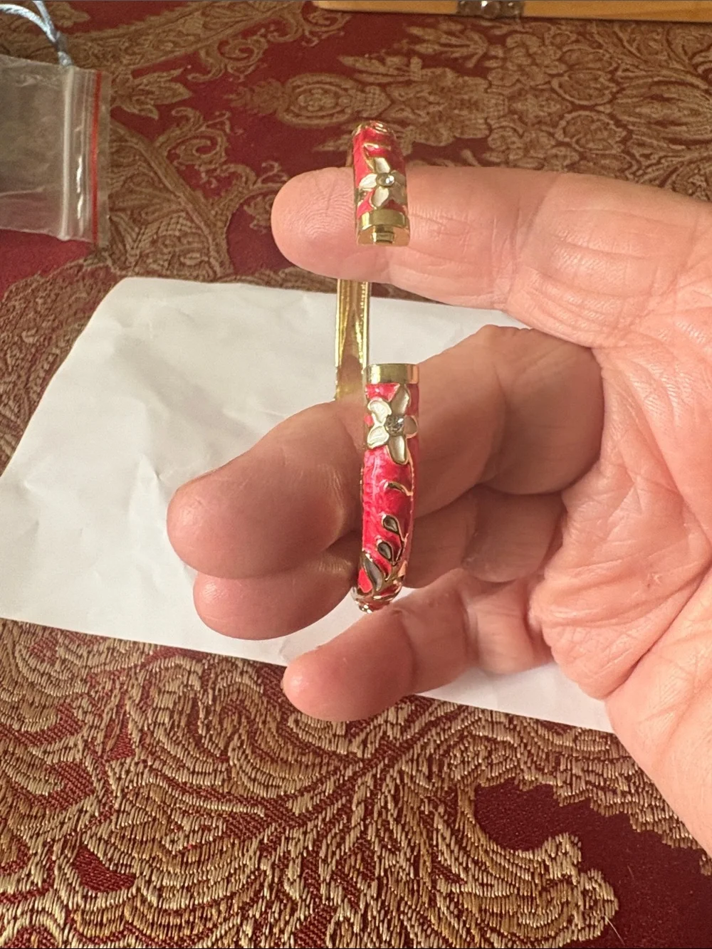 Gold-Tone Hinged Bangle Bracelet with Pink Enamel